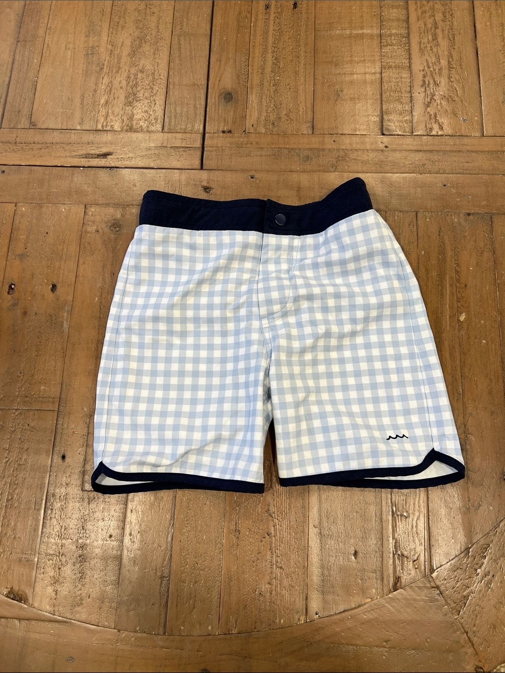 Minnow blue gingham checkered plaid swim trunks 9-10 years old